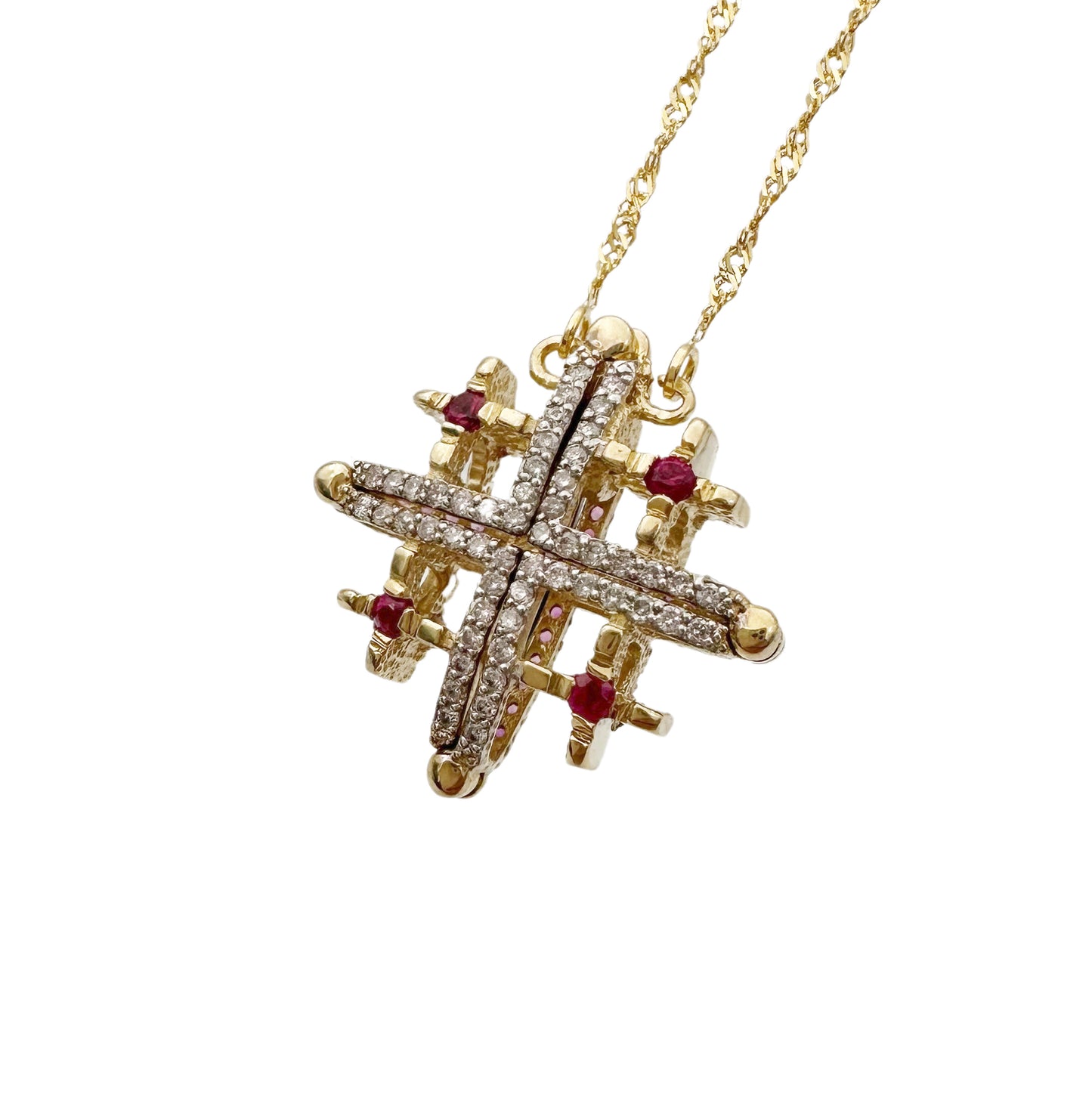 14K Gold Double-Sided Jerusalem Cross Ruby Stone/White Diamond Necklace