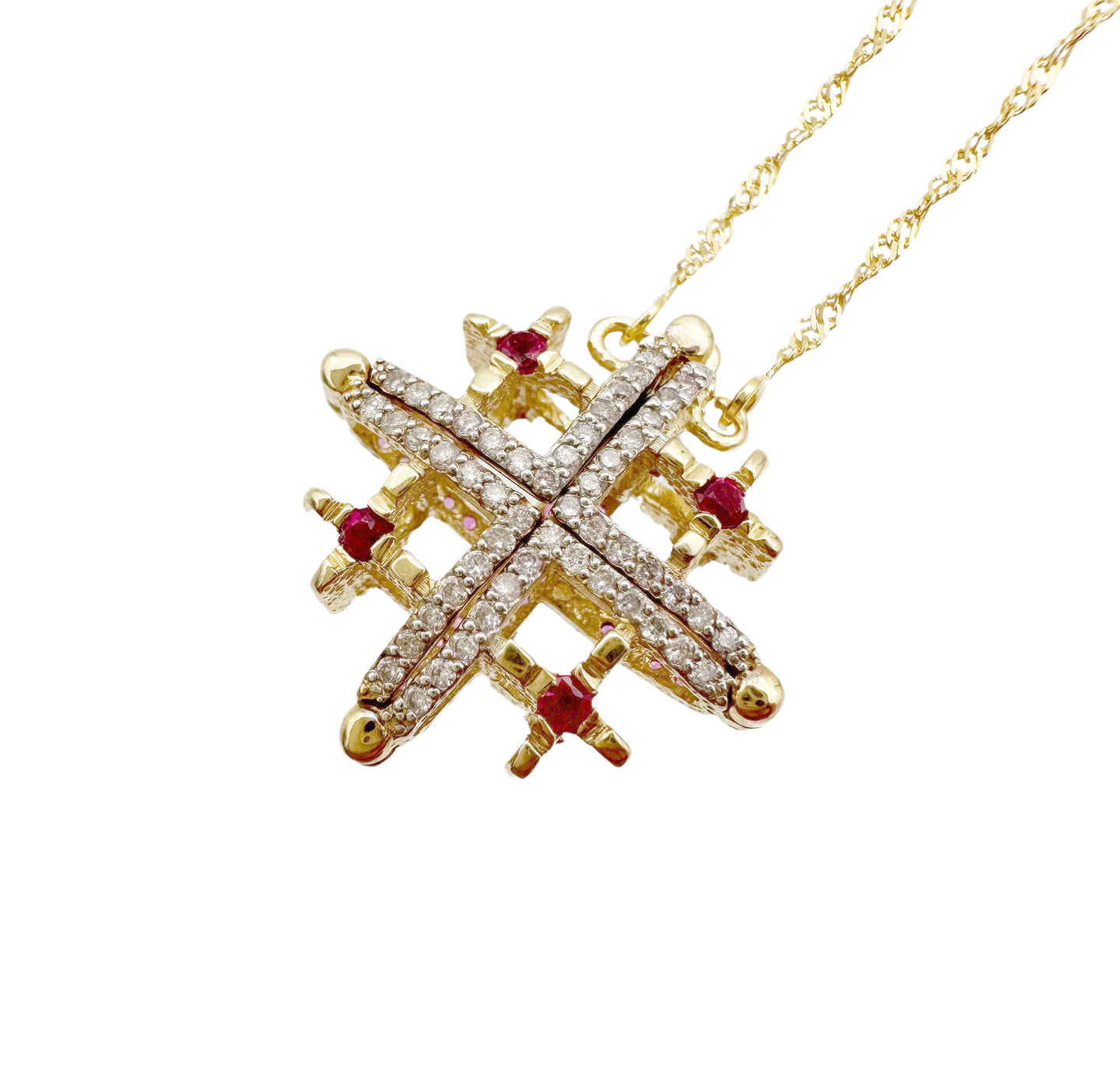 14K Gold Double-Sided Jerusalem Cross Ruby Stone/White Diamond Necklace