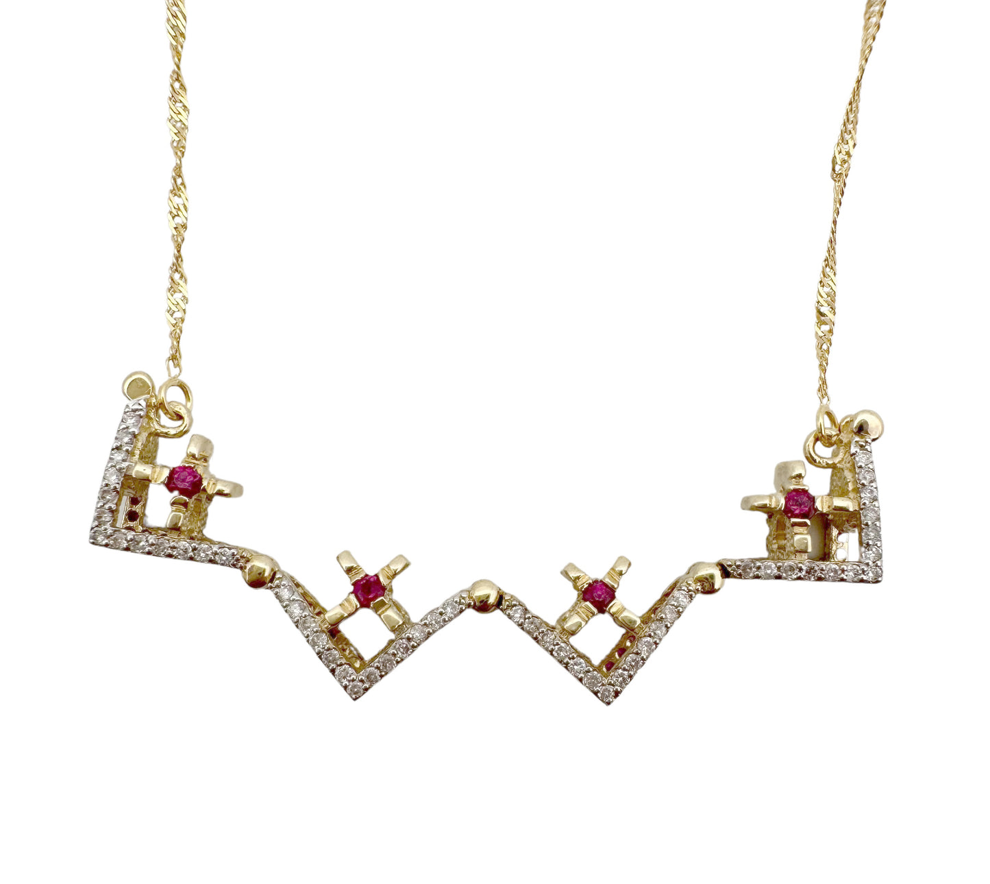 14K Gold Double-Sided Jerusalem Cross Ruby Stone/White Diamond Necklace