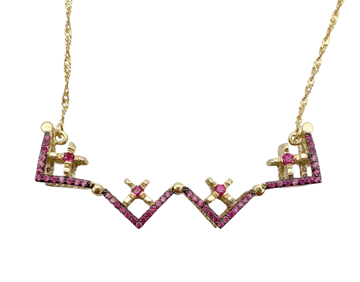 14K Gold Double-Sided Jerusalem Cross Ruby Stone/White Diamond Necklace