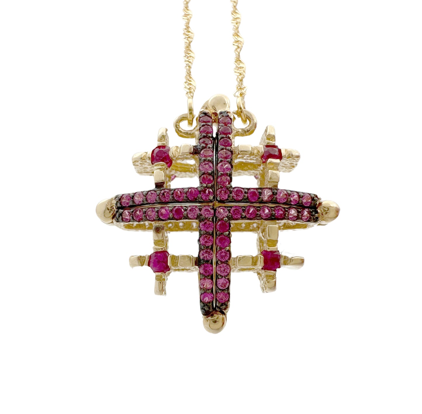 14K Gold Double-Sided Jerusalem Cross Ruby Stone/White Diamond Necklace