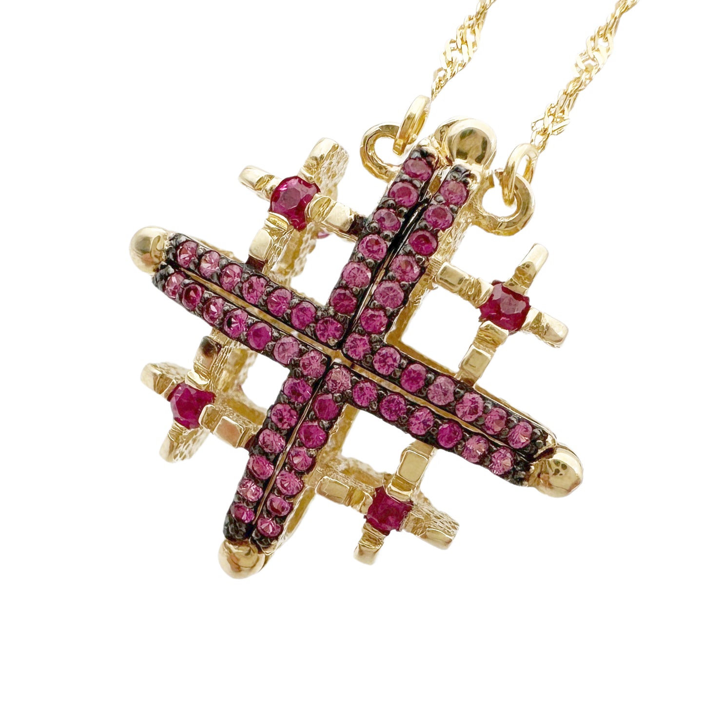 14K Gold Double-Sided Jerusalem Cross Ruby Stone/White Diamond Necklace