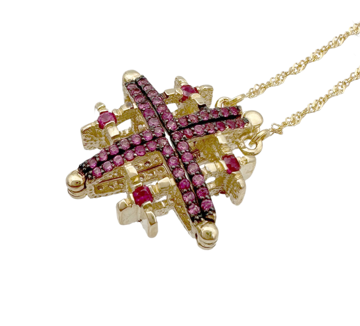 14K Gold Double-Sided Jerusalem Cross Ruby Stone/White Diamond Necklace