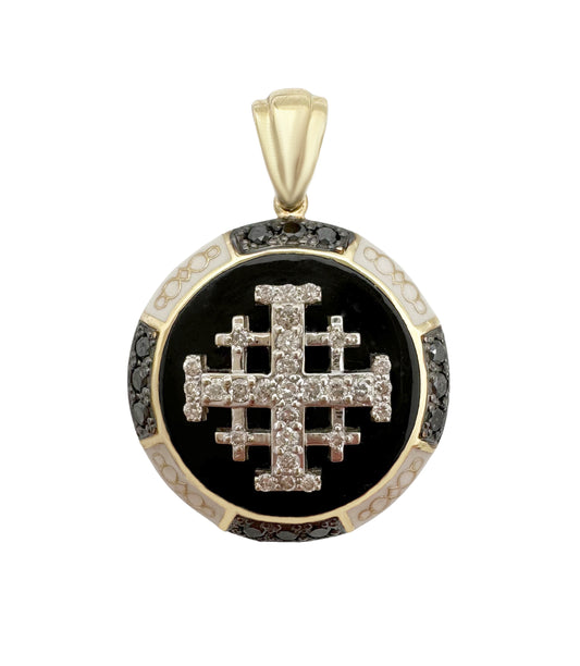 14K White Gold Onyx Jerusalem Cross Pendant Inlaid in White and Black Diamonds