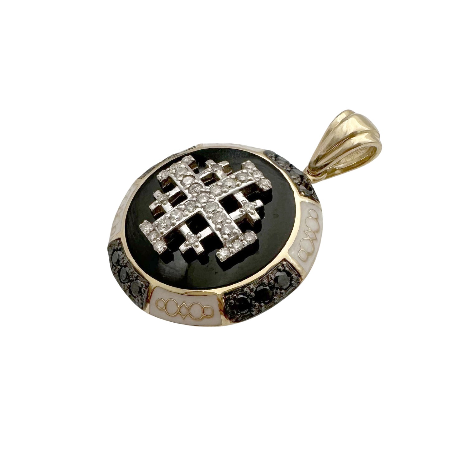 14K White Gold Onyx Jerusalem Cross Pendant Inlaid in White and Black Diamonds