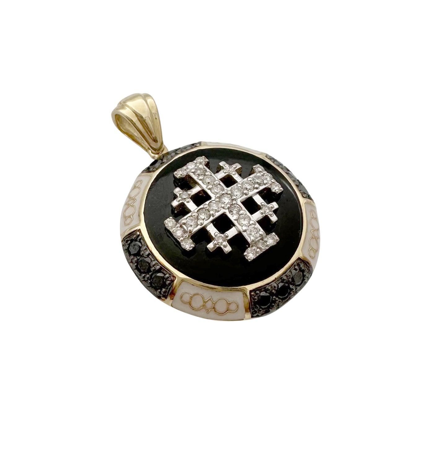 14K White Gold Onyx Jerusalem Cross Pendant Inlaid in White and Black Diamonds