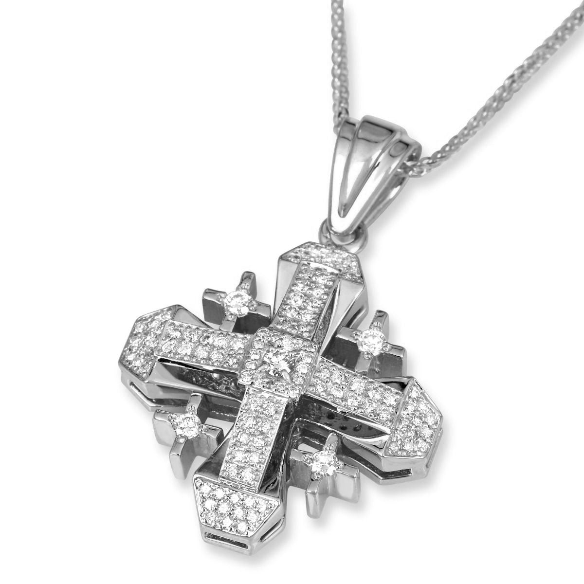 Deluxe Geometric 14K White Gold and Diamond Jerusalem Cross Pendant