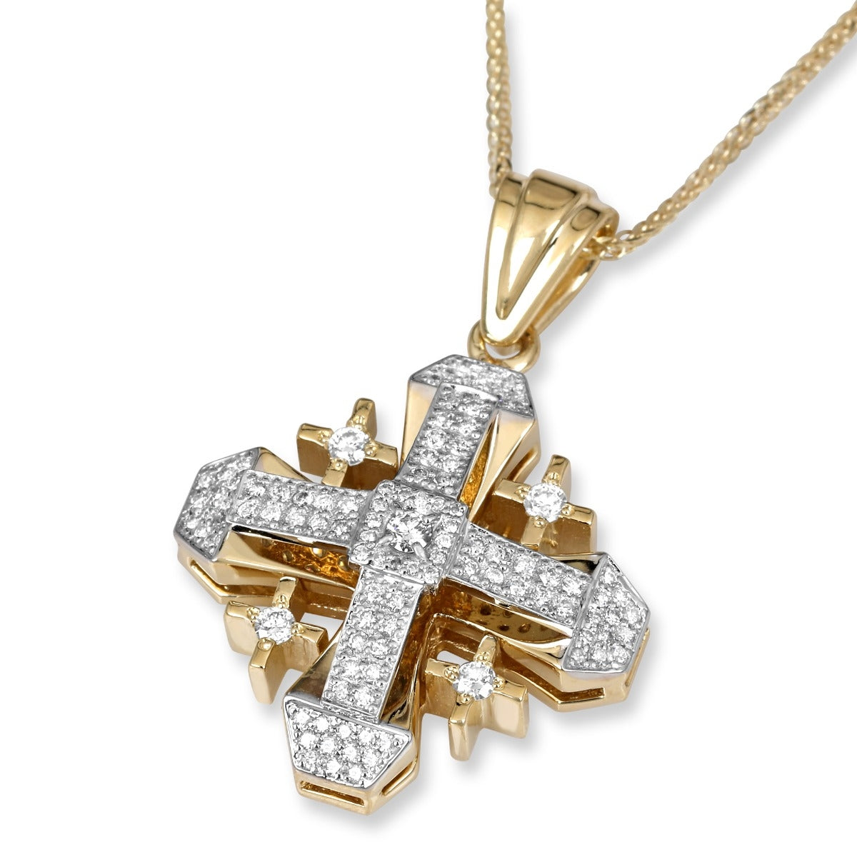 Deluxe Geometric 14K Yellow Gold and Diamond Jerusalem Cross Pendant