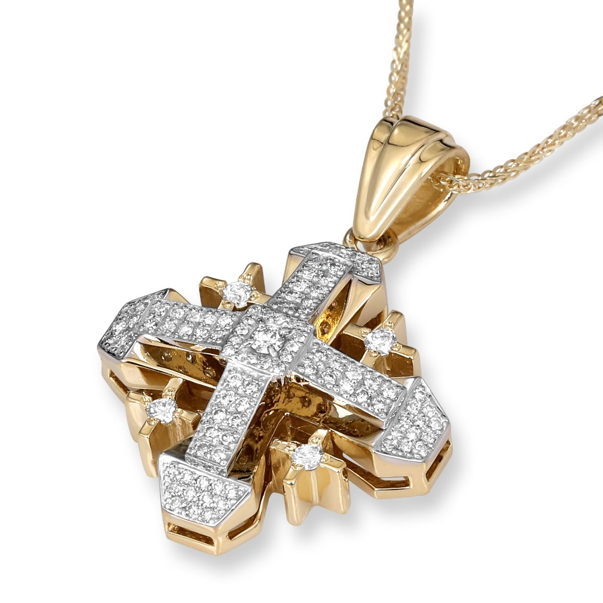 Deluxe Geometric 14K Yellow Gold and Diamond Jerusalem Cross Pendant