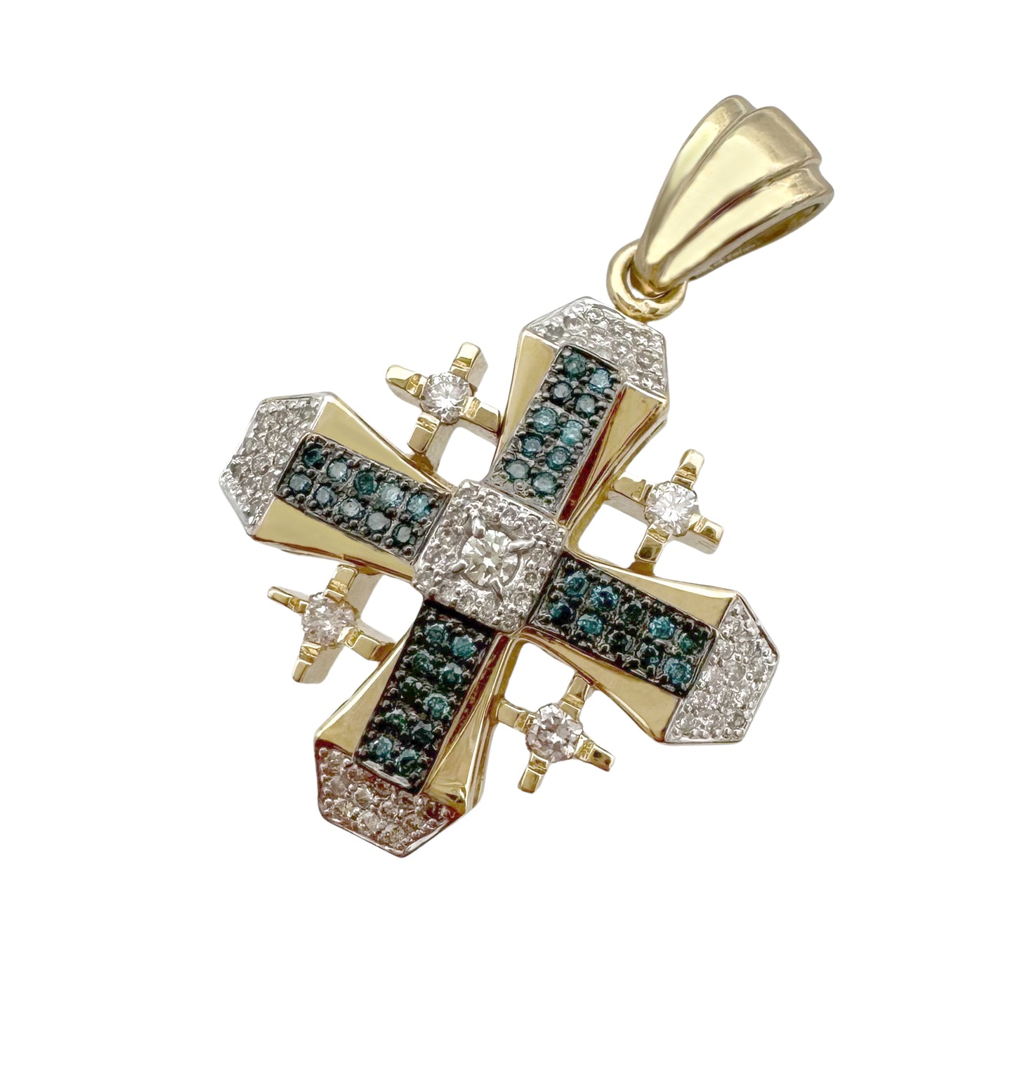 Deluxe Geometric 14K Yellow Gold and Diamond Jerusalem Cross Pendant