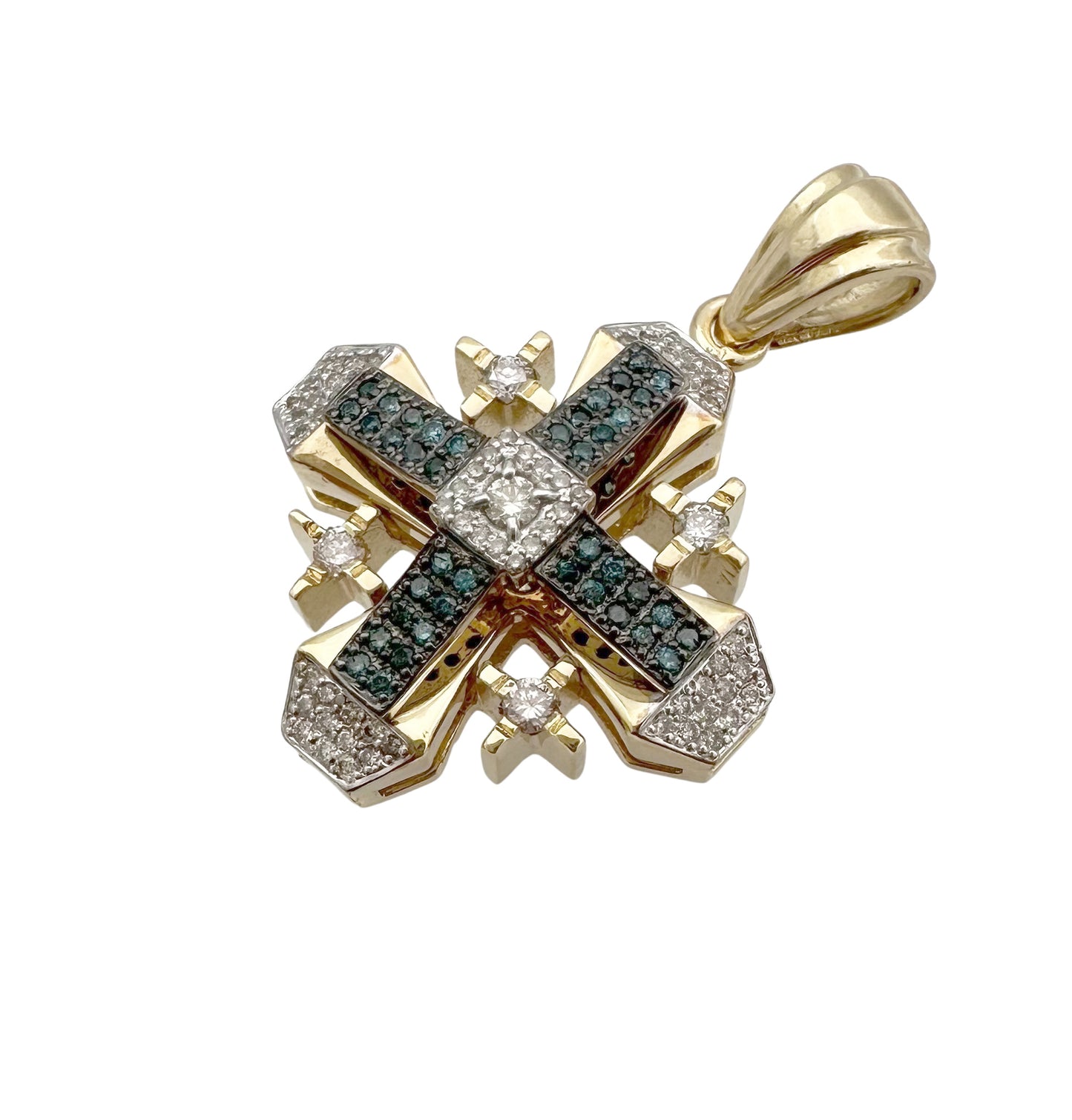 Deluxe Geometric 14K Yellow Gold and Diamond Jerusalem Cross Pendant