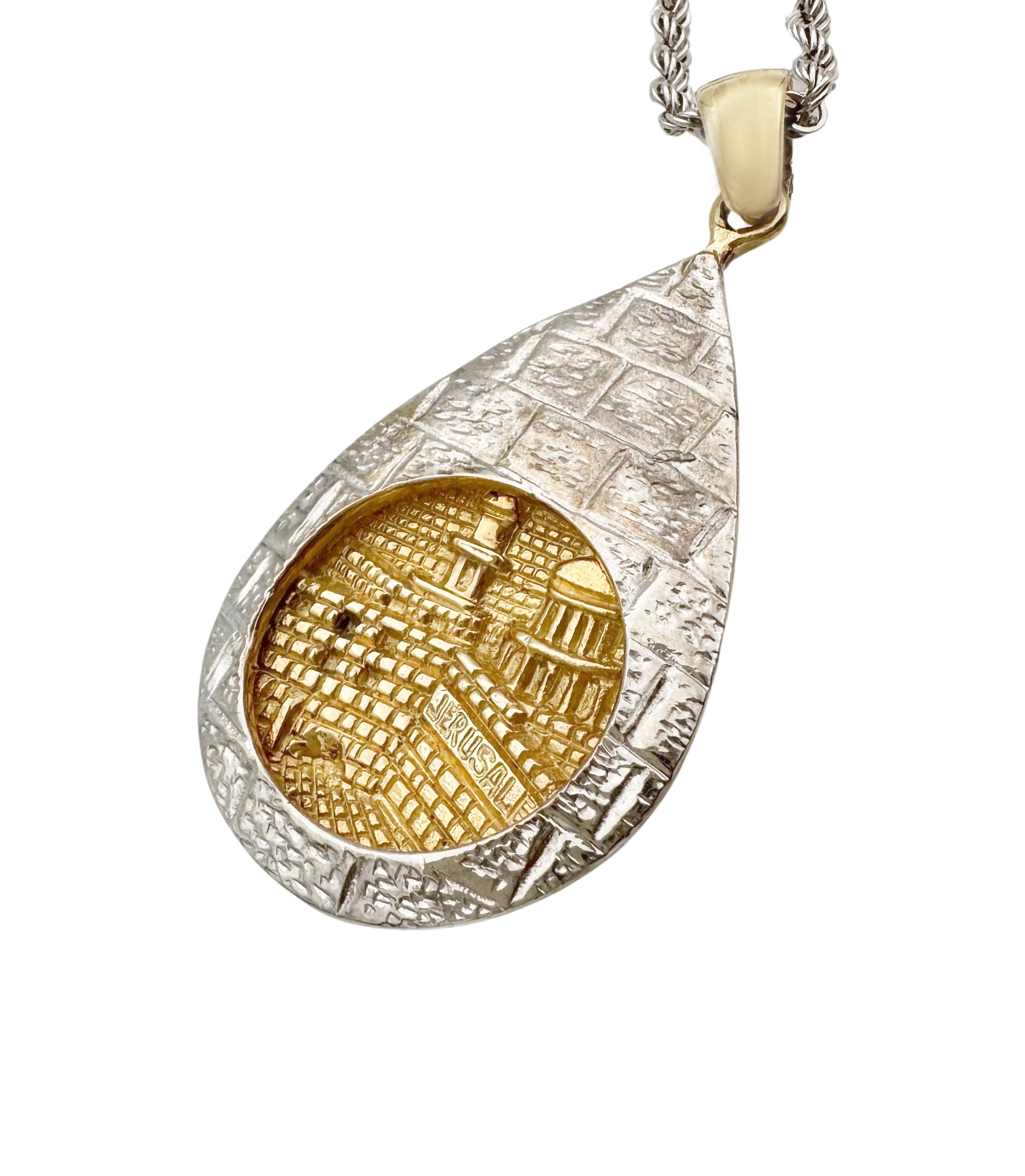 14k Gold Two Tone Gold Jerusalem Old City Tear Drop Pendant