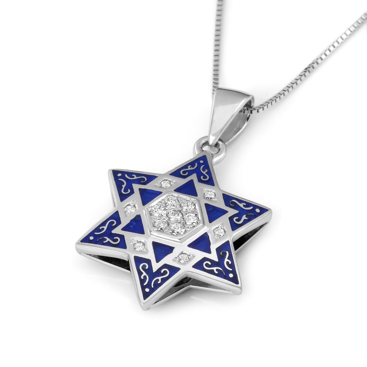 14K Gold Diamond Star of David Pendant Necklace with Blue Enamel