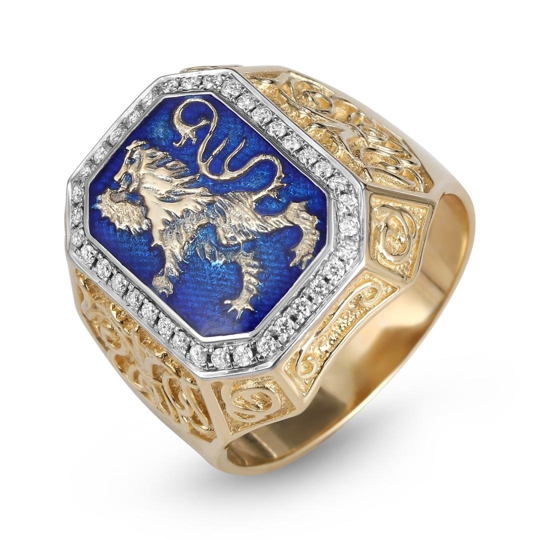 14K Yellow Gold Men's Lion of Judah Diamond Signet Ring with Blue Ename
