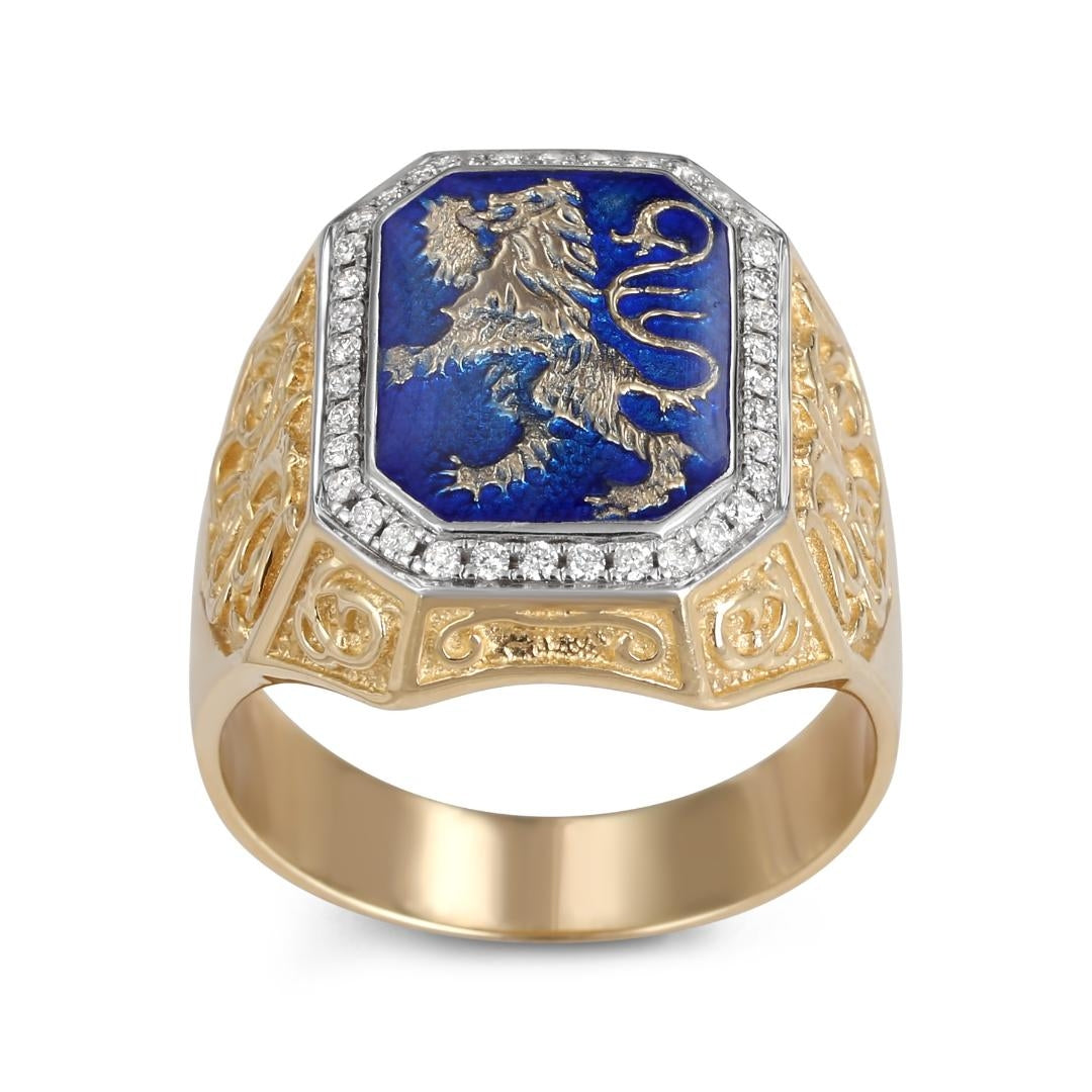 14K Yellow Gold Men's Lion of Judah Diamond Signet Ring with Blue Ename