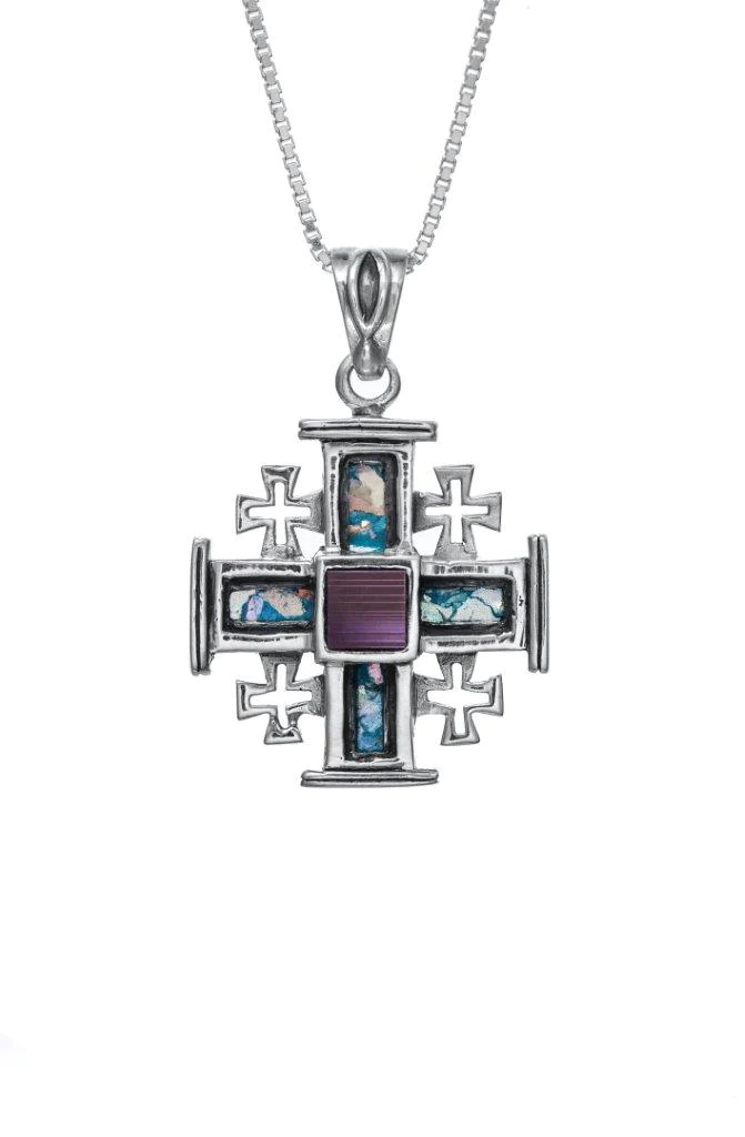 Jerusalem Nano New Testament, Silver Pendant- The Jerusalem Cross Studded With Roman Glass