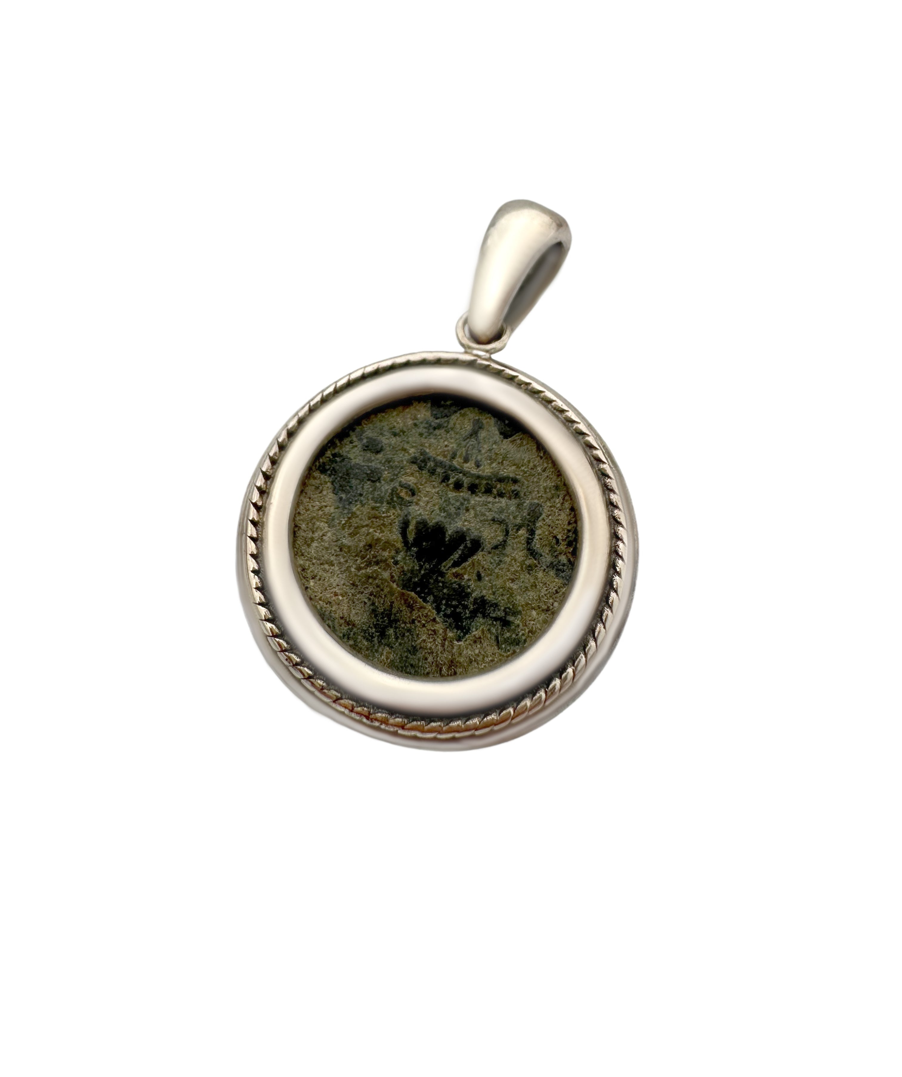 Ancient Jewish Freedom of Zion Masada Coin Set in Sterling Silver Woven Pendant