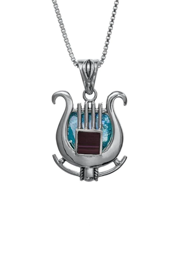 Jerusalem Nano Bible Torah Pendant King David's Harp Roman Glass Stone Necklace Silver 925 from Holy Land I Religious souvenirs