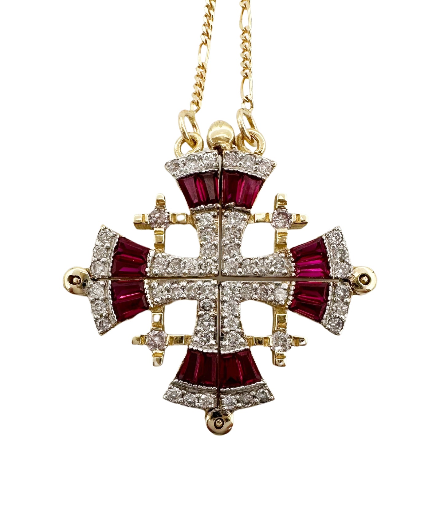 14K Gold Jerusalem Cross Diamond Necklace with Ruby