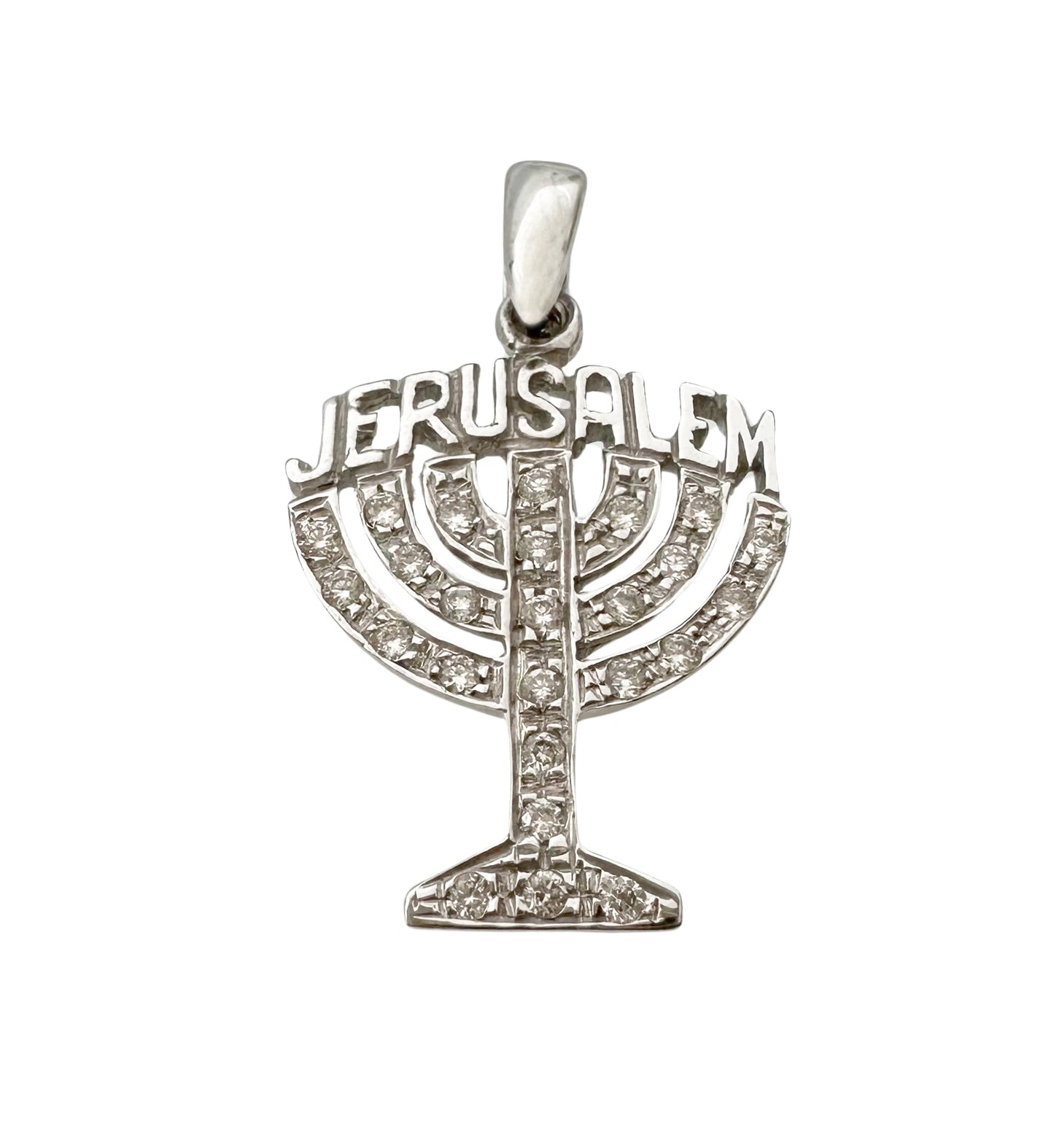 14K White Gold & Diamond Menorah Pendant With Jerusalem Design