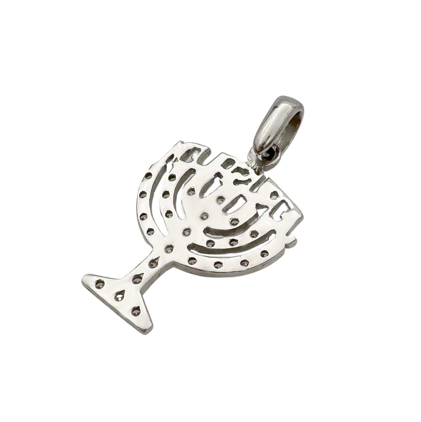 14K White Gold & Diamond Menorah Pendant With Jerusalem Design