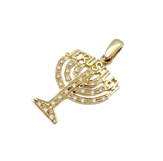 14K Yellow Gold & Diamond Menorah Pendant With Jerusalem Design