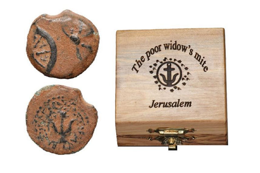 Ancient Bronze Widow’s Mite – Rare Double-Struck Coin from Jerusalem with Olive Wood Box