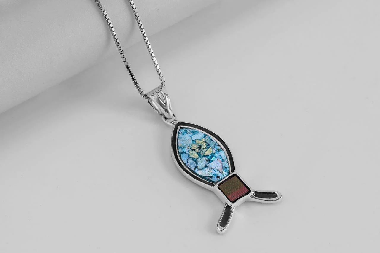 Jerusalem Nano New Bible New Testament Designed Pendant Fish Necklace Silver 925 with Roman Glass