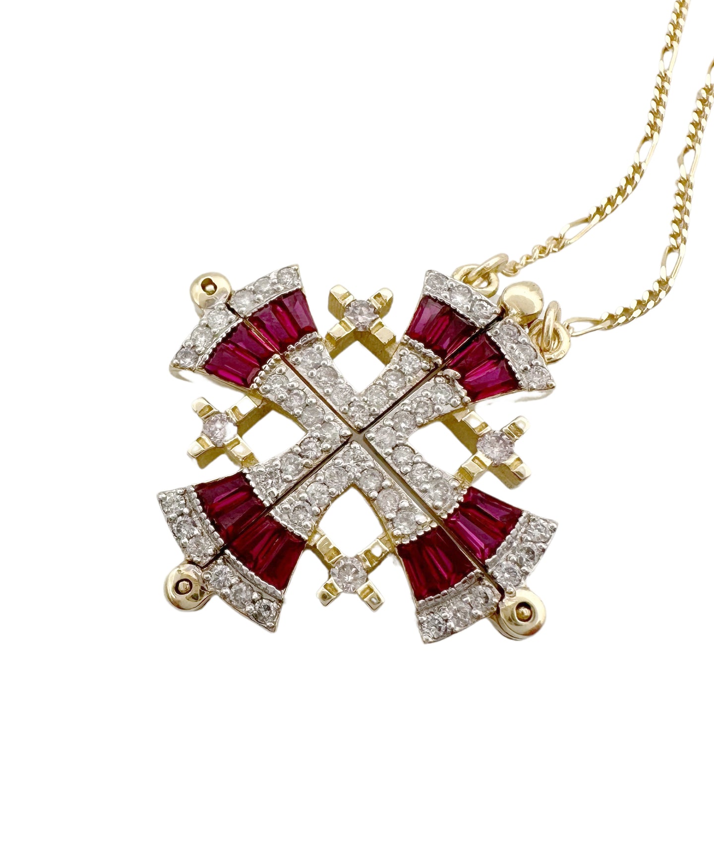14K Gold Jerusalem Cross Diamond Necklace with Ruby