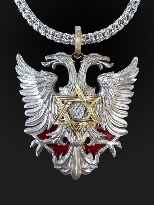 14K Gold Double-Headed Eagle Pendant with Star of David - Solid Gold Judaica Jewelry