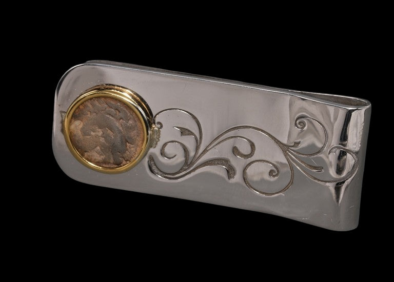 A Silver Drachm Of Alexander The Great In 18K Gold & Silver Money clip
