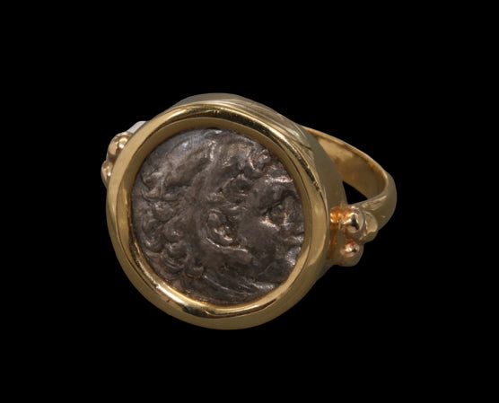 Silver Drachm of Alexander the Great Set in 18K Gold Ring