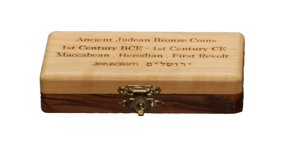 Collection of Authentic Ancient Judean Bronze Coins (1st Century BCE - 1st Century CE) in Engraved Olive Wood Box
