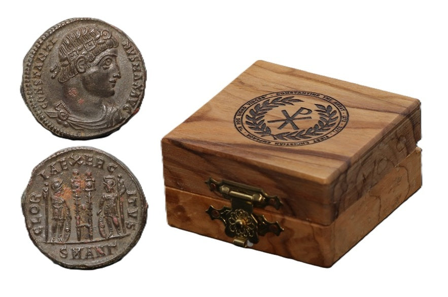 Authentic Ancient Roman Bronze Coin of Emperor Constantine I (c. 330 AD) in Handcrafted Olive Wood Gift Box