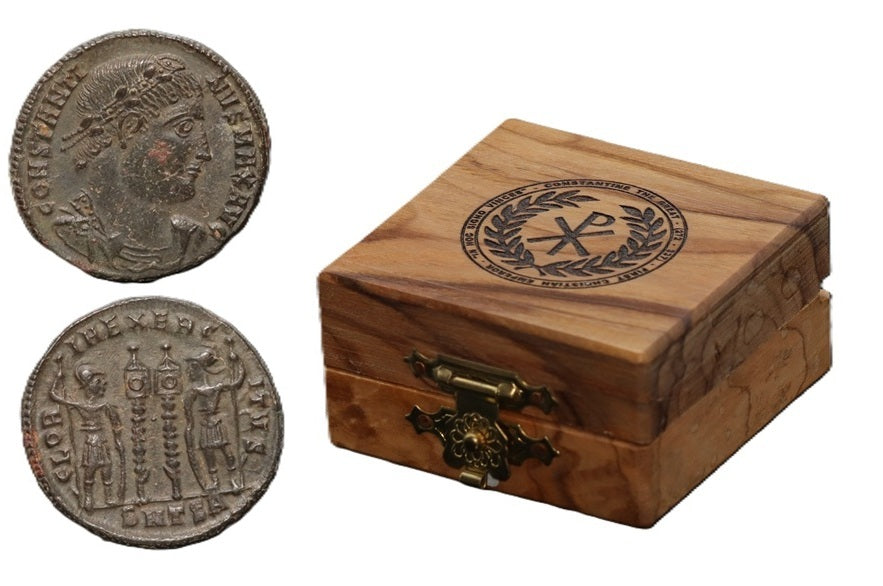 Authentic Ancient Roman Bronze Coin of Emperor Constantine I (c. 330 AD) in Handcrafted Olive Wood Gift Box