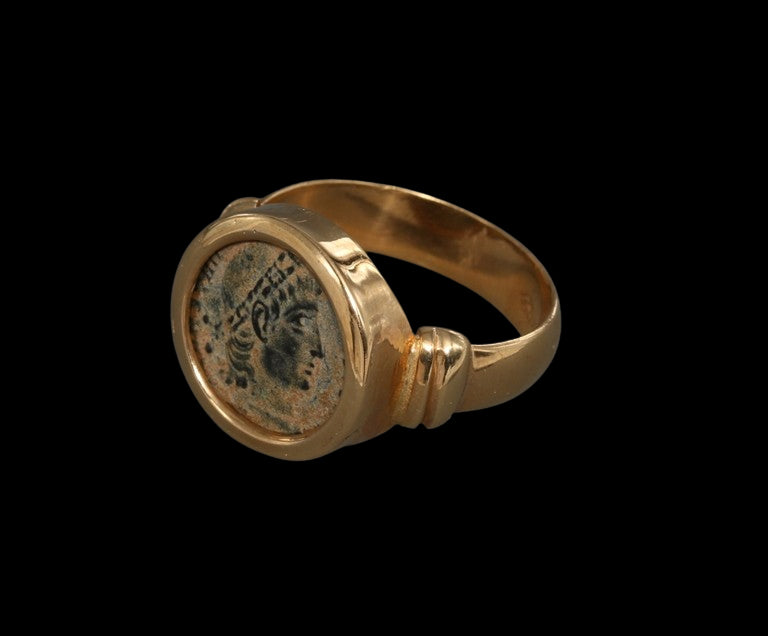 Solid 18K Gold Ancient Bronze Constantius II Coin Ring