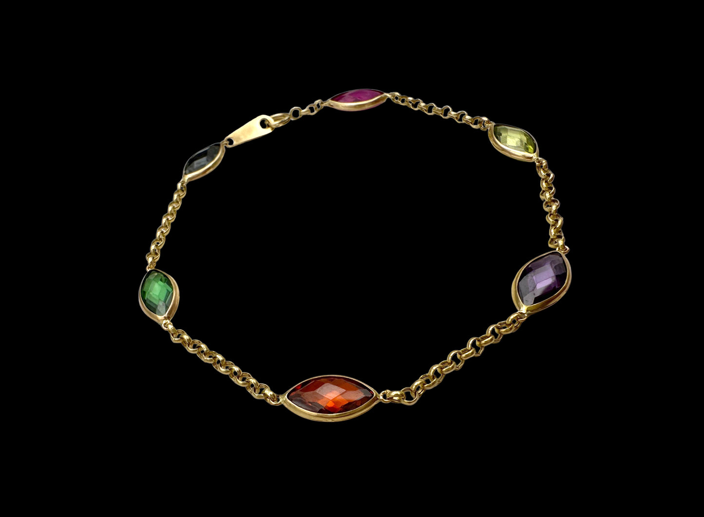 Solid 14K Gold Multi-Gemstone Bracelet – Marquise Elegance