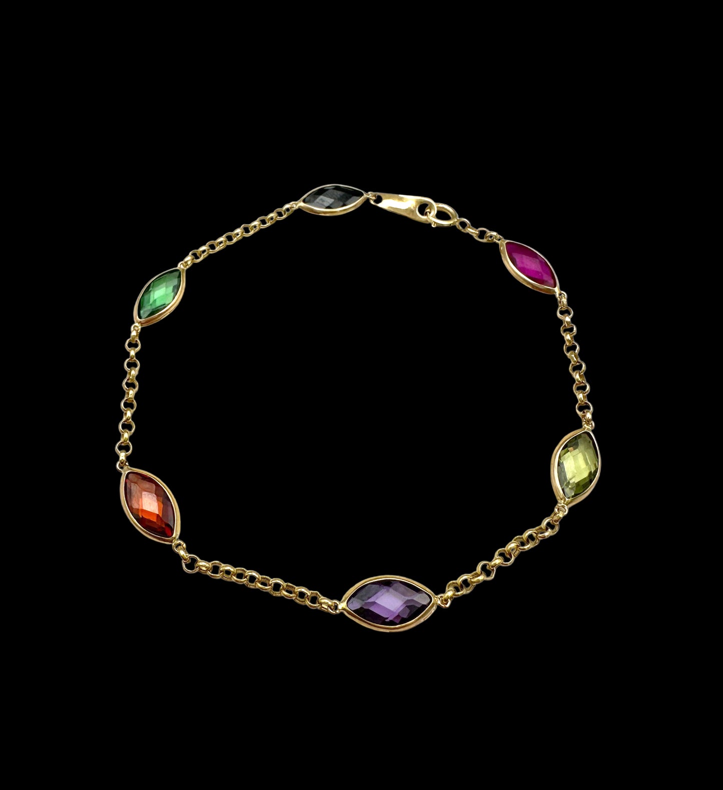 Solid 14K Gold Multi-Gemstone Bracelet – Marquise Elegance
