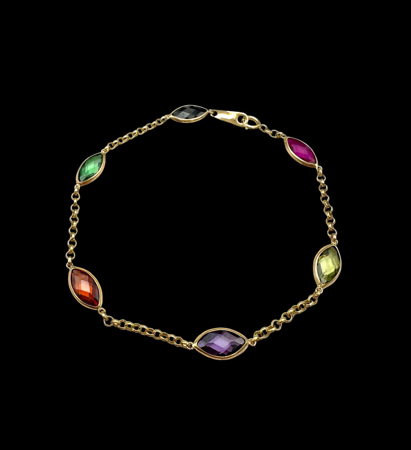 Solid 14K Gold Multi-Gemstone Bracelet – Marquise Elegance