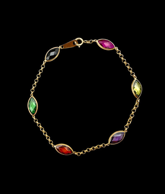 Solid 14K Gold Multi-Gemstone Bracelet – Marquise Elegance
