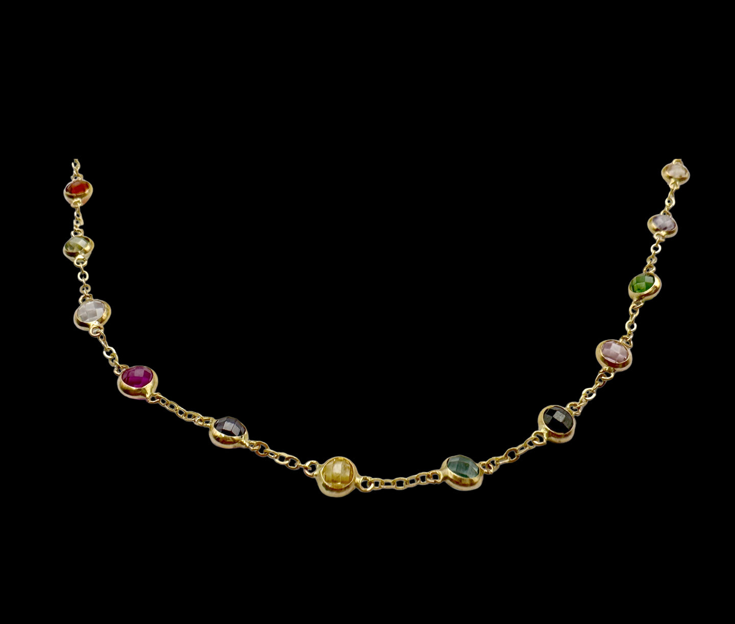 Solid 14K Gold Rainbow Multi Gemstone Necklace for Women