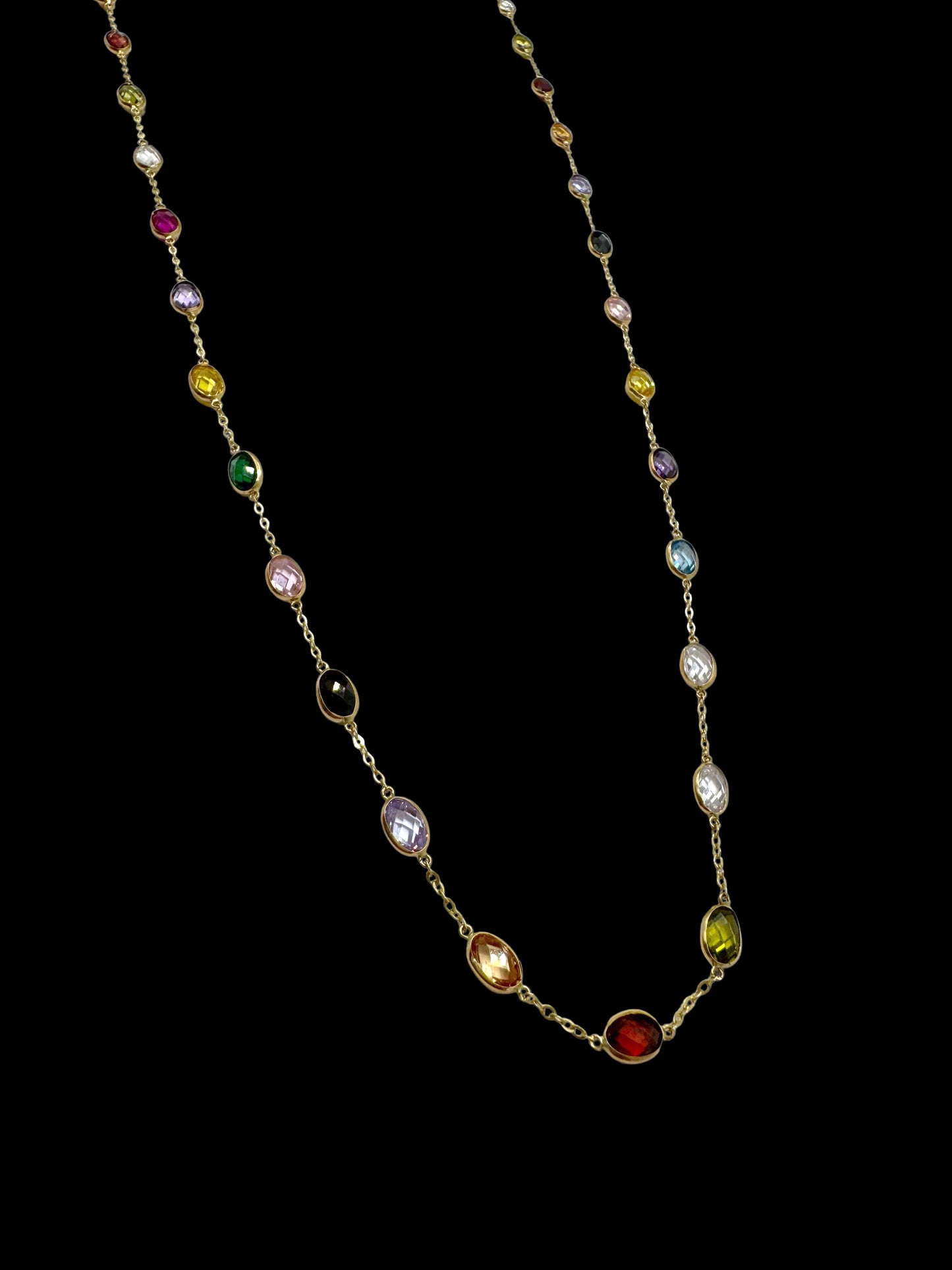 Solid 14K Gold Rainbow Gemstone Necklace – Oval Elegance
