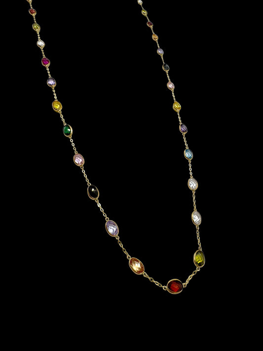Solid 14K Gold Rainbow Gemstone Necklace – Oval Elegance