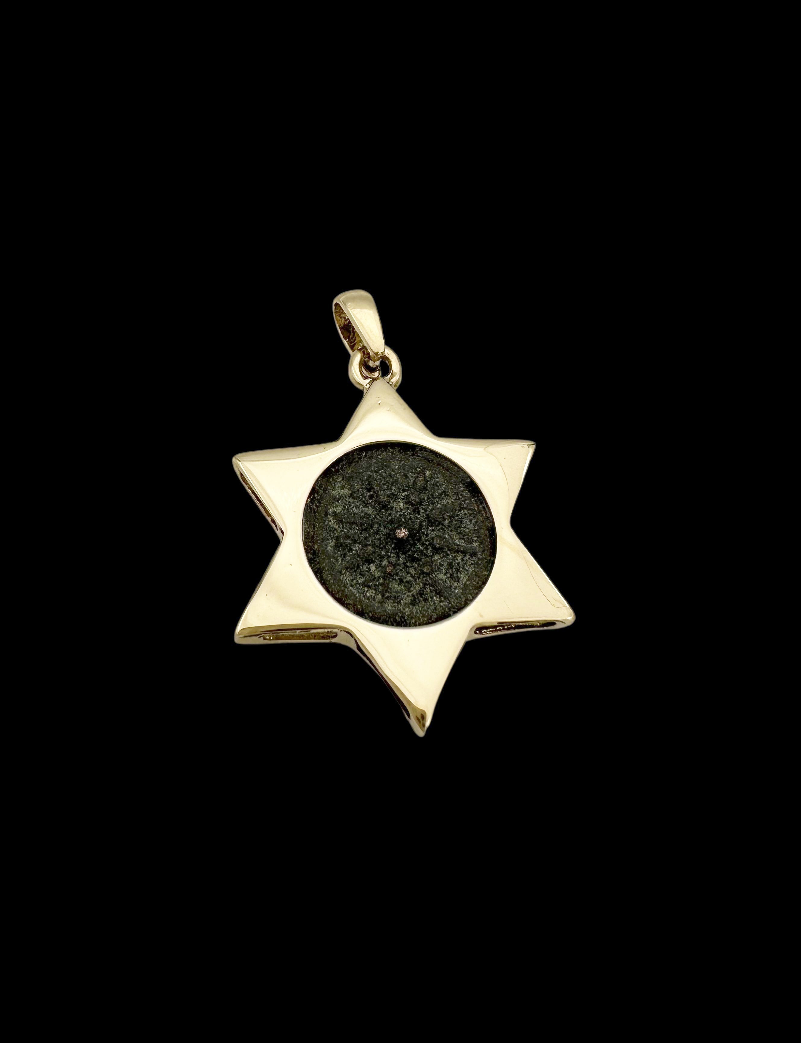 Ancient Widow’s Mite Jewish Hasmonean Coin Set in 14K Gold Magen David Star of David
