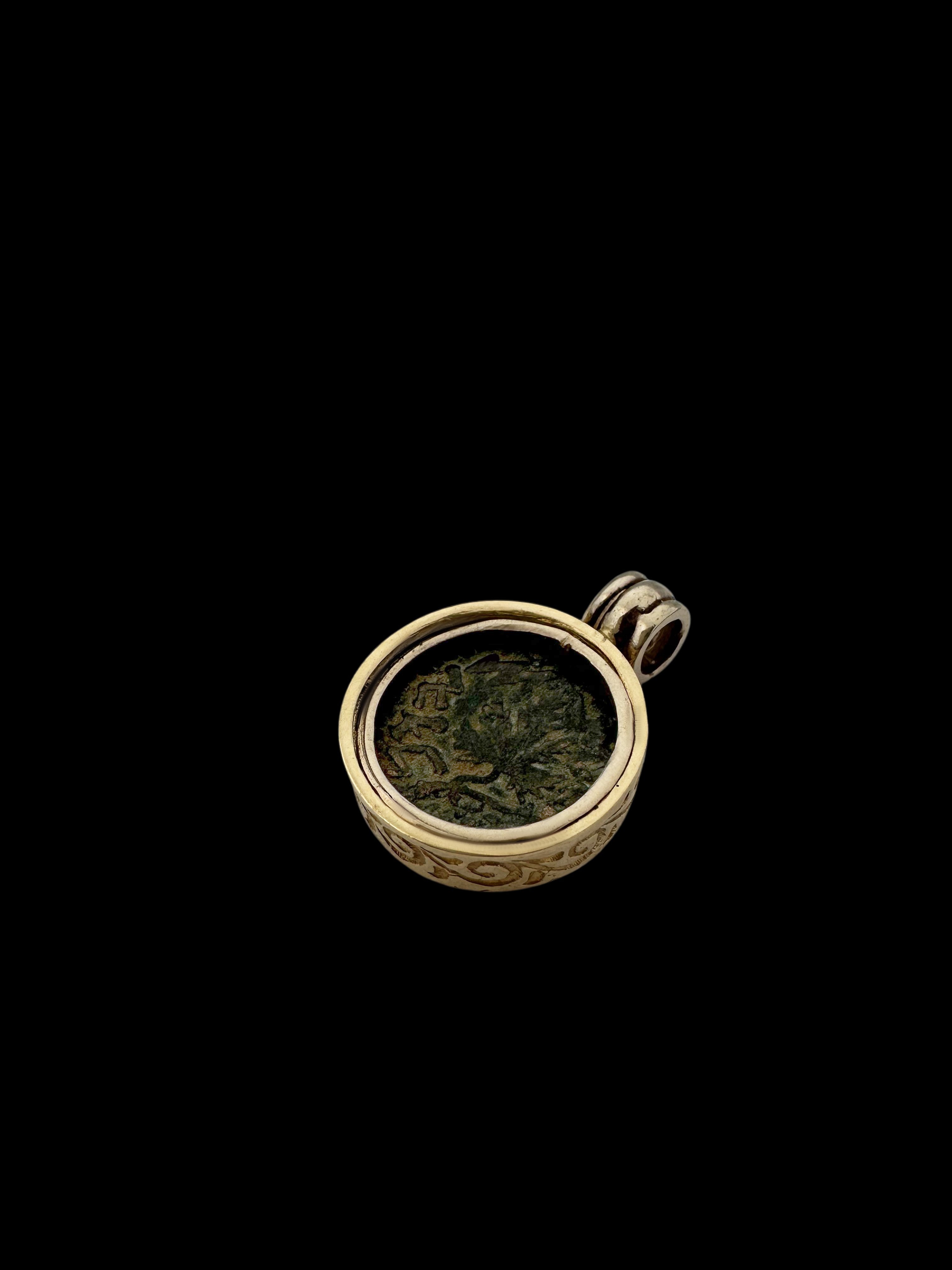 Ancient Jewish Freedom of Zion Masada Coin Set in 14K Gold Decorated Pendant