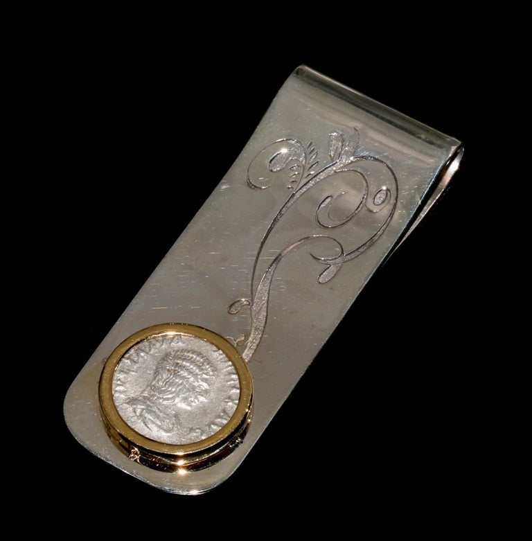 Silver Denarius Of Caracalla Set in Sterling Silver& 18K Gold Money Clip