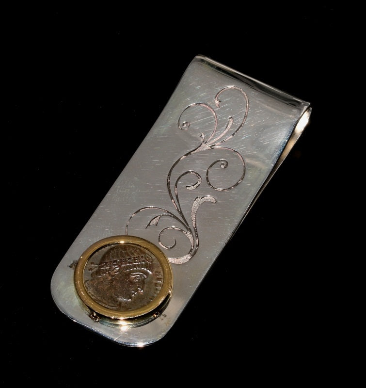 Constantine The Great Bronze Follis Set in Sterling Silver& 18K Gold Bezel