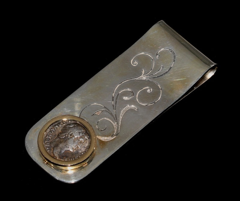 Hadrian Silver Denarius Set in Sterling Silver &18K Gold Bezel