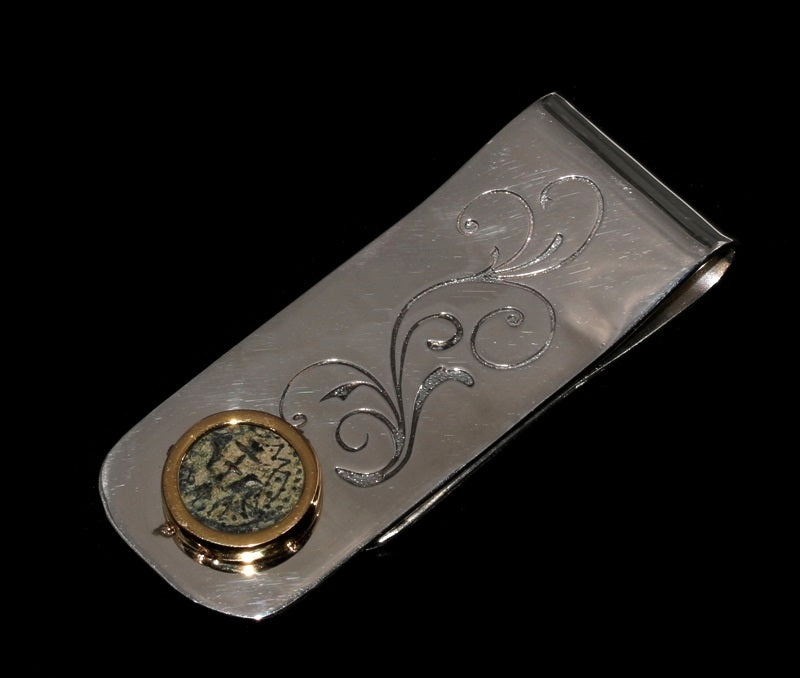 Bronze Widow's Mite Coin Set in Sterling Silver Money Clip & 18K Gold Bezel