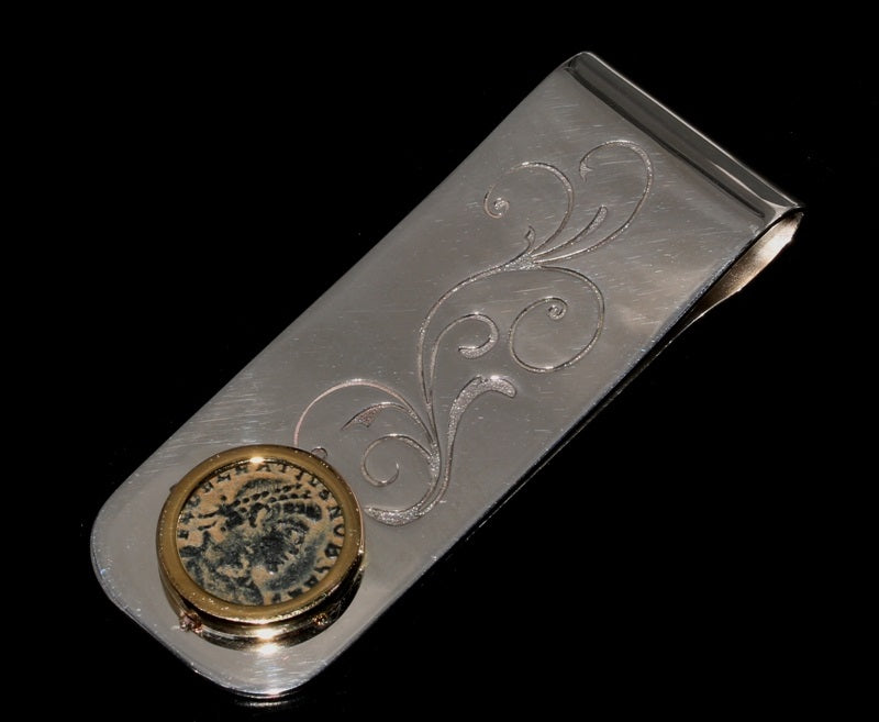 Bronze Follis Of Constantius Set in Sterling Silver& 18K Gold Bezel